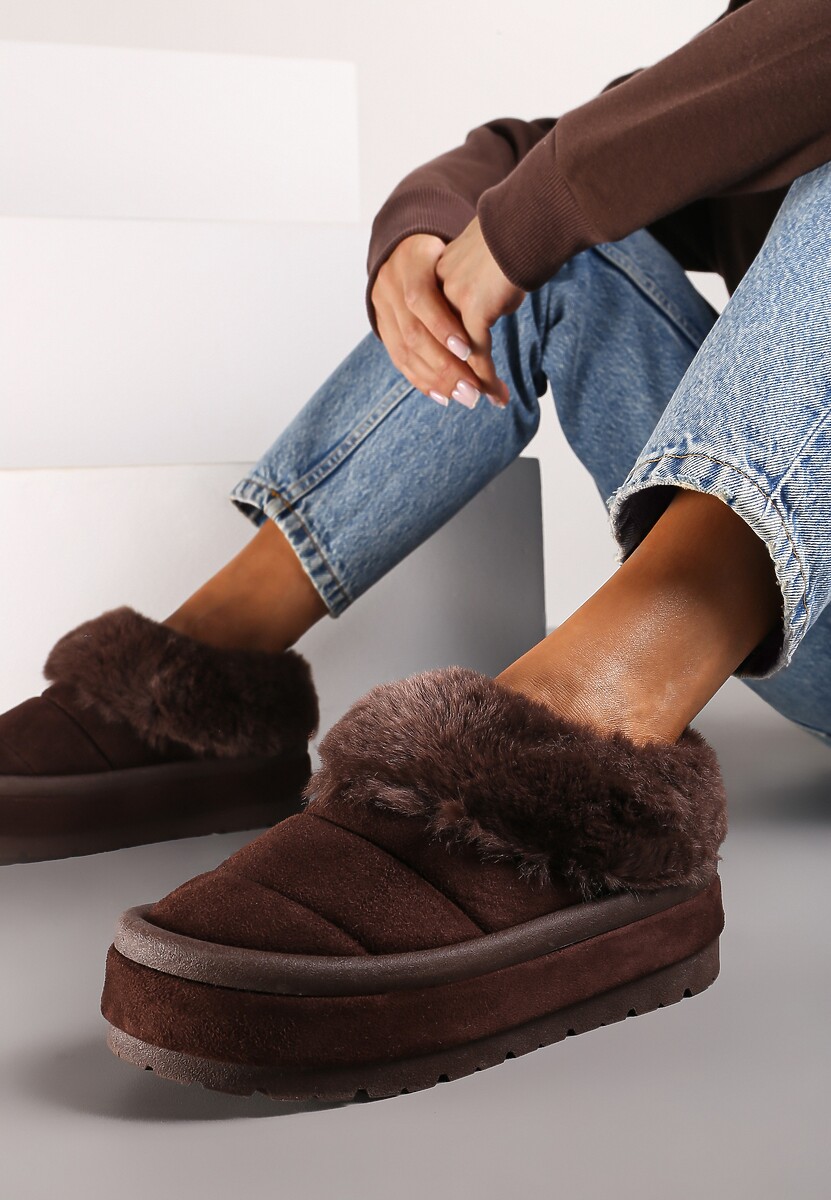 Brązowe Wsuwane Śniegowce na Platformie Ozdobione Futerkiem Sinthiana