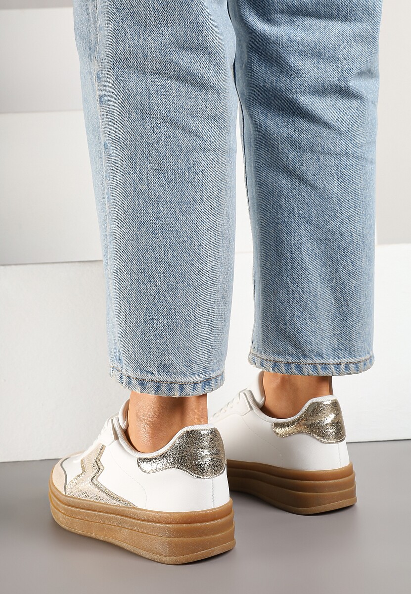 Złoto-Białe Sneakersy w Stylu Tenisówek Ozdobione Geometrycznym Wzorem Tolivanna