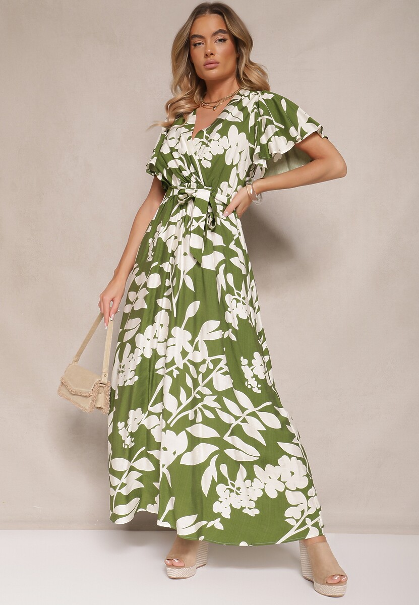 Zielona Wiskozowa Sukienka Rozkloszowana w Kwiaty z Paskiem Flornelia