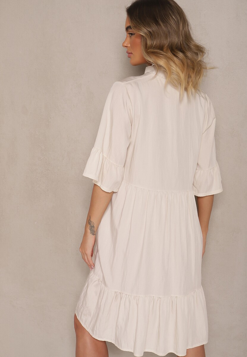 Beżowa Rozkloszowana Sukienka z Wiskozą i Falbanami Eviranna