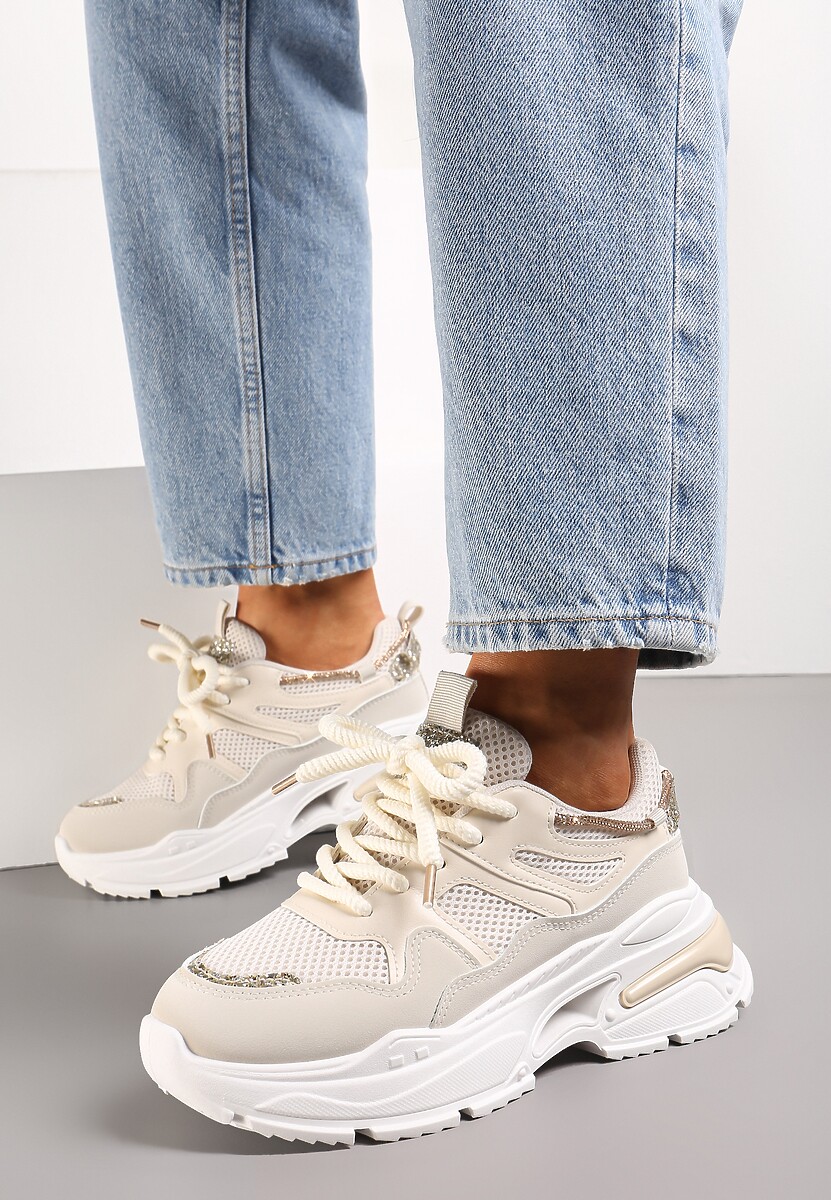 Beżowe Sneakersy na Grubej Podeszwie z Siateczką i Błyszczącymi Detalami Xernnia
