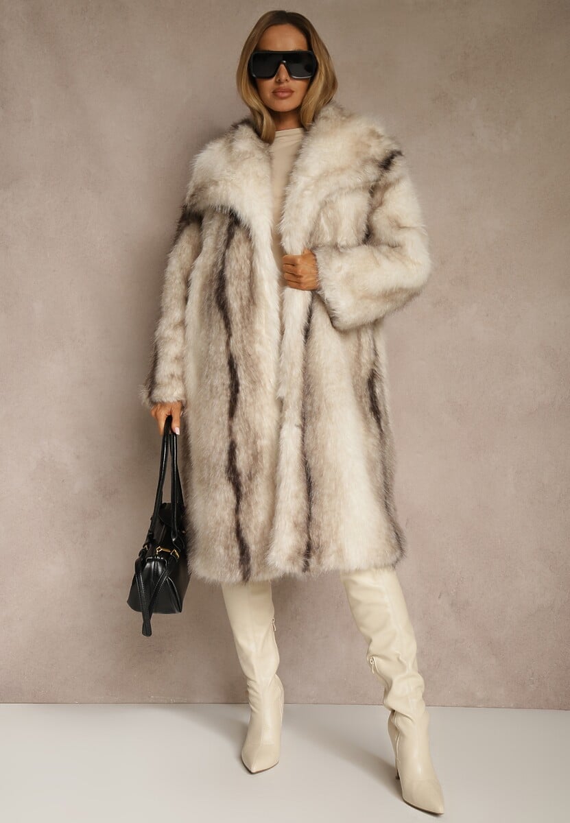 Biały Płaszcz Futerko o Prostym Kroju z Szerokim Kołnierzem Ezilana