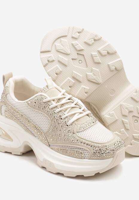 Beżowe Sneakersy na Platformie Ozdobione Cyrkoniami Kornelai