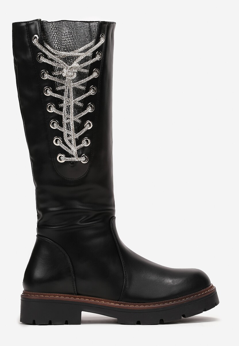 Czarne Kozaki z Cholewką Przed Kolano i Wiązaniem ze Sznurowadeł z Cyrkoniami Suvella