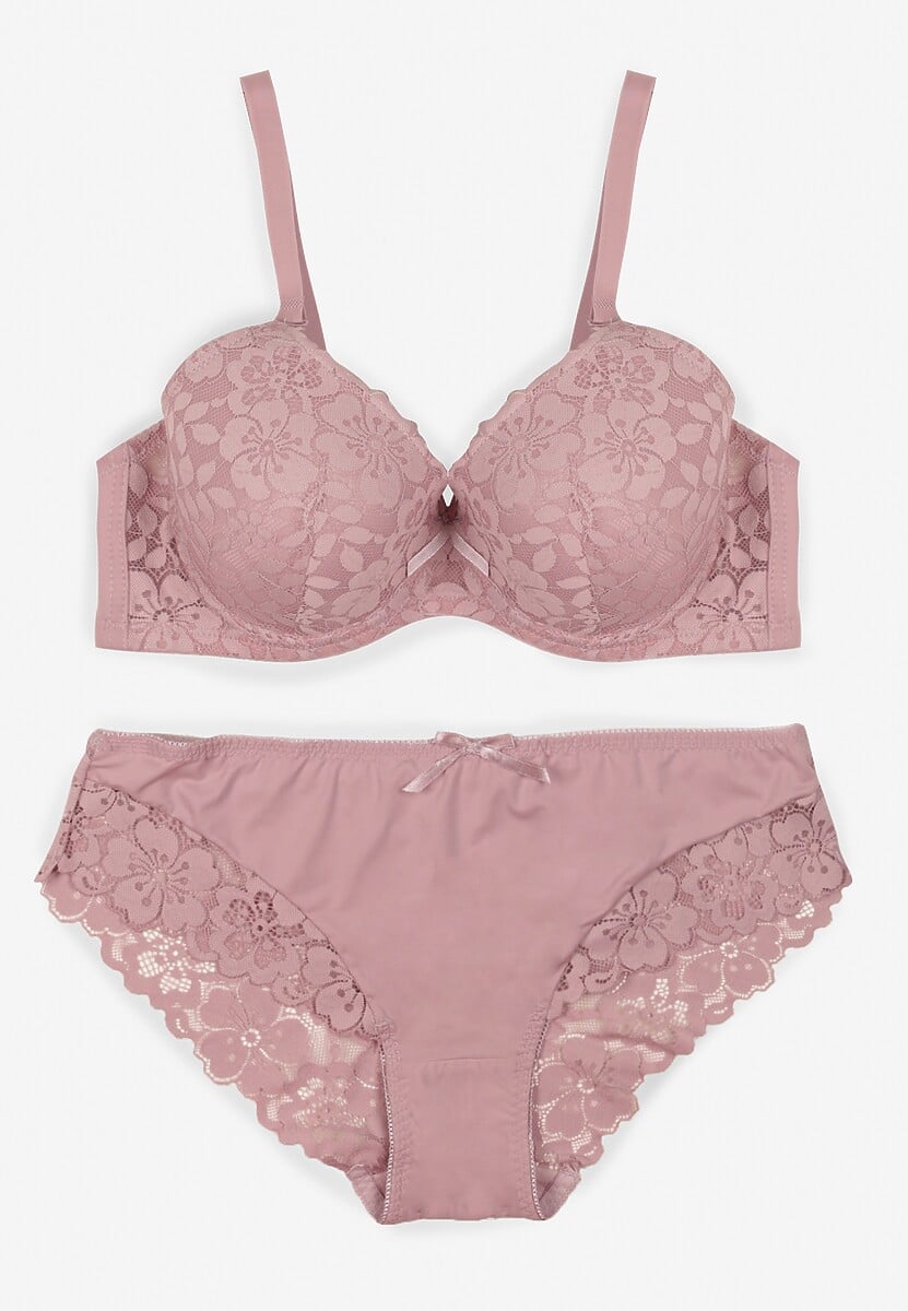 Jasnofioletowy Koronkowy Komplet Biustonosz i Majtki Figi w Klasycznym Stylu Ezirene