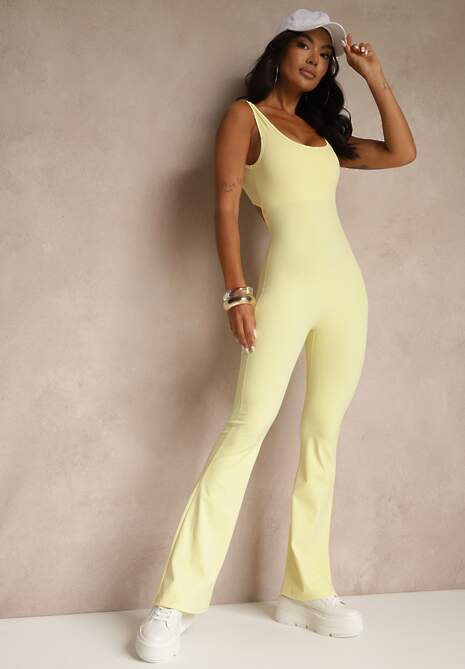 Żółty Kombinezon Taliowany z Wycięciem na Plecach i Usztywnianymi Miseczkami Senimi