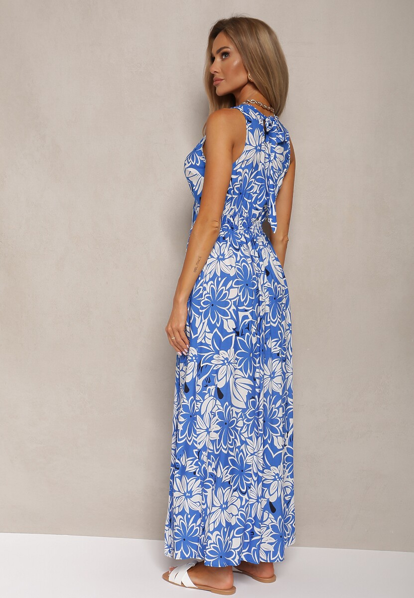 Niebieska Kopertowa Sukienka z Wiskozy z Wiązaniem i Gumką w Pasie Vikissima