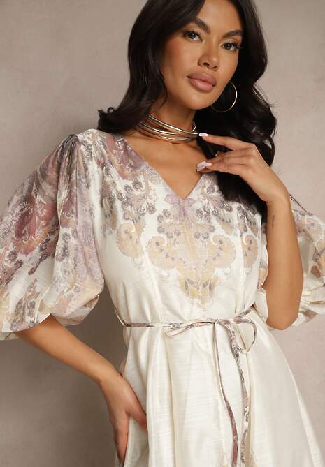 Jasnobeżowa Rozkloszowana Sukienka z Wiskozy z Wiązaniem i Ornamentalnym Wzorem Redanira