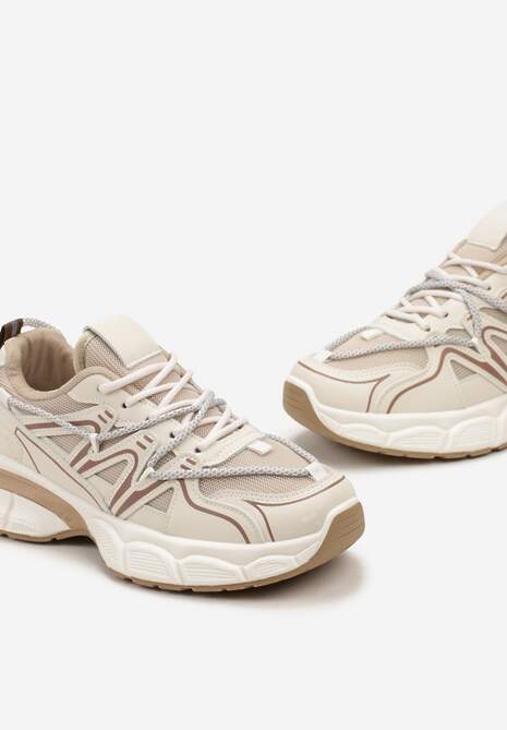 Beżowe Sneakersy z Siateczką na Podeszwie z Wycięciami i Ozdobnym Wiązaniem Dorila