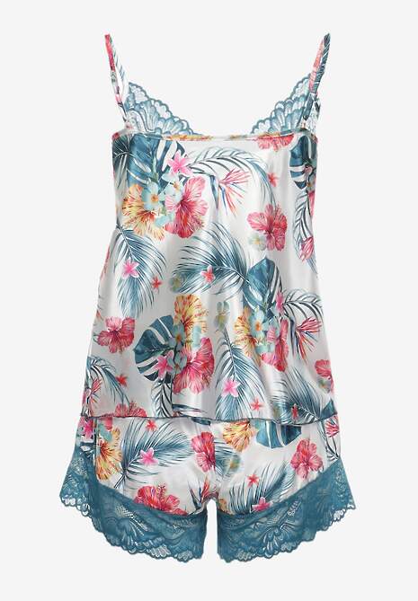 Niebiesko-Biały Satynowy Komplet Piżamowy we Florystyczny Print z Koronką Top i Szorty Galltaia