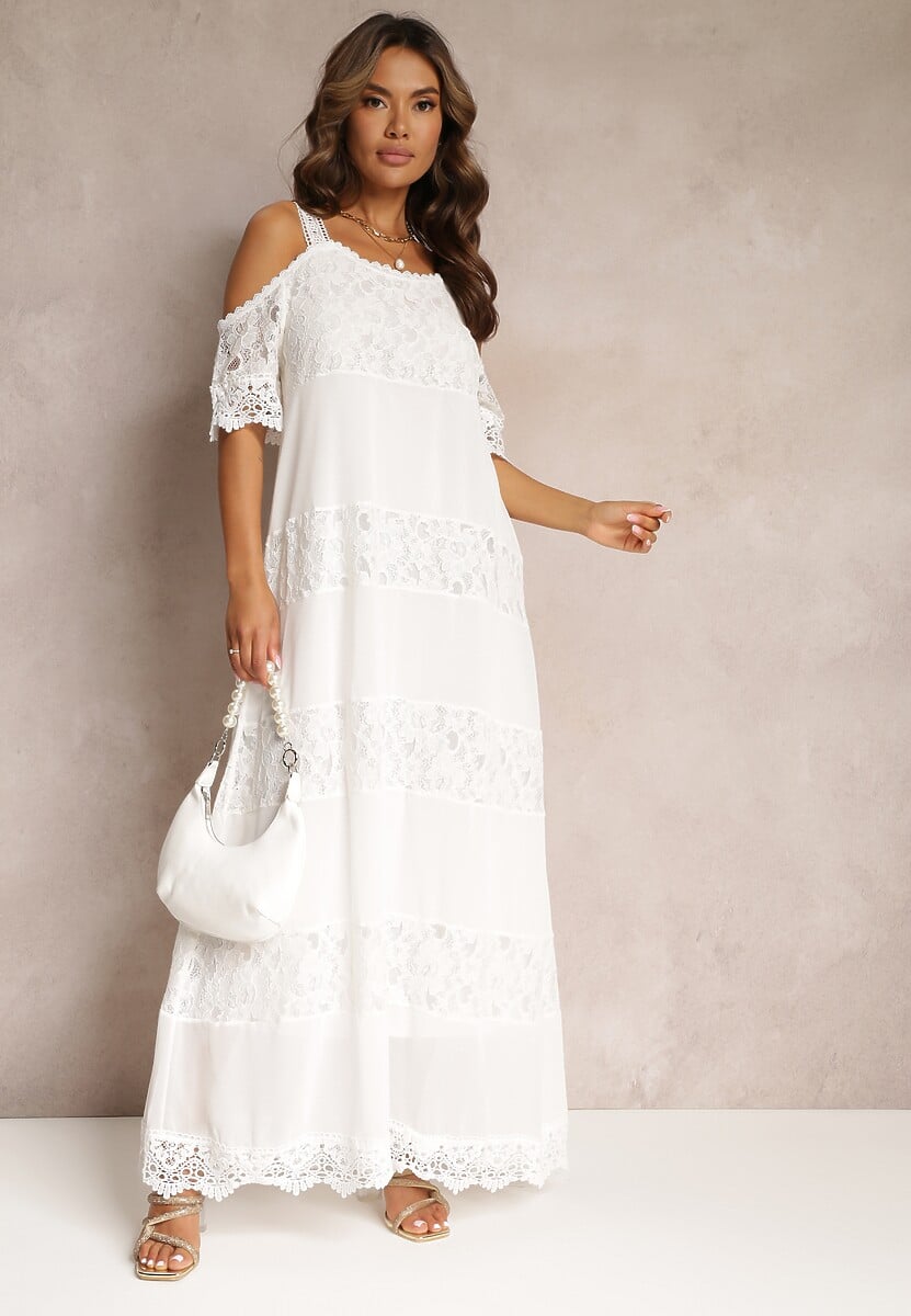 Biała Maxi Sukienka Na Ramiączkach z Wycięciami o Trapezowym Fasonie Mahkai