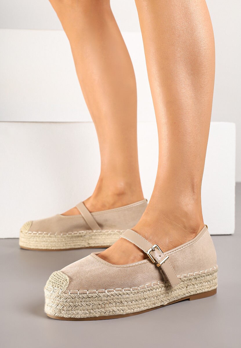 Ciemnobeżowe Espadryle z Plecionką i Paskiem Fevolise