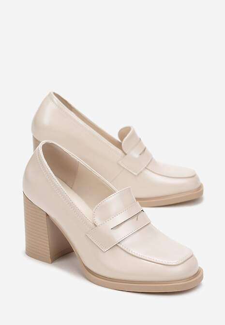 Beżowe Półbuty na Wysokim Słupku z Okrągłym Noskiem i Przeszyciami Adenor