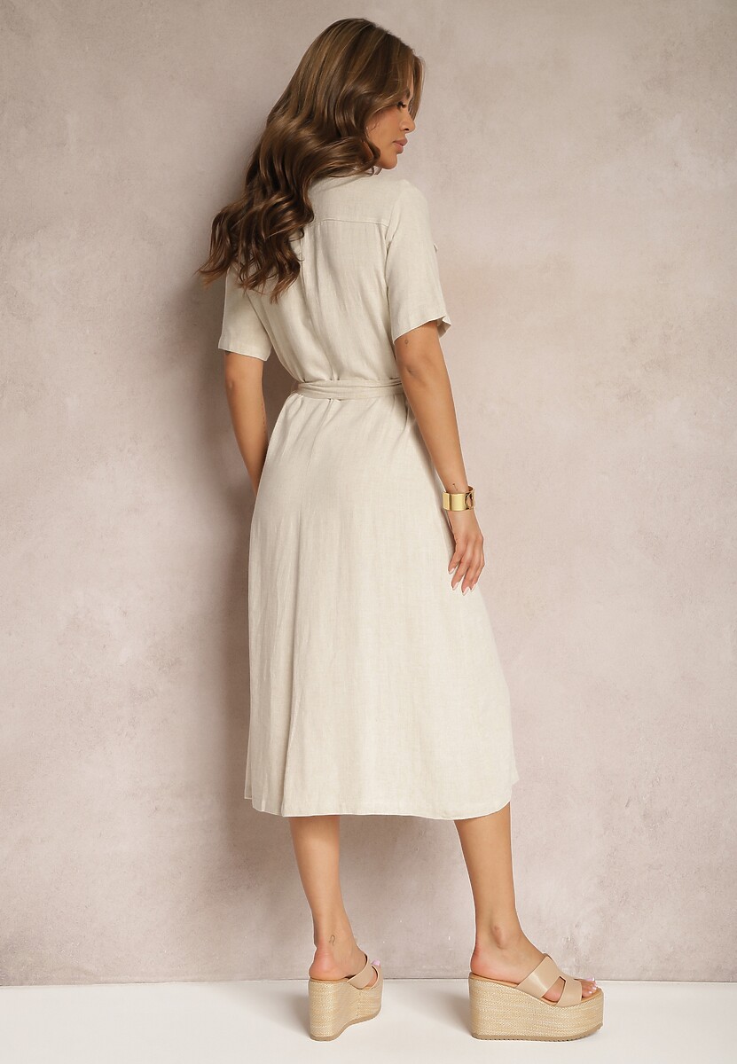 Ciemnobeżowa Wiskozowa Sukienka z Lnem i Guzikami oraz Krótkim Rękawem Ozdobiona Materiałowym Paskiem Gracilla