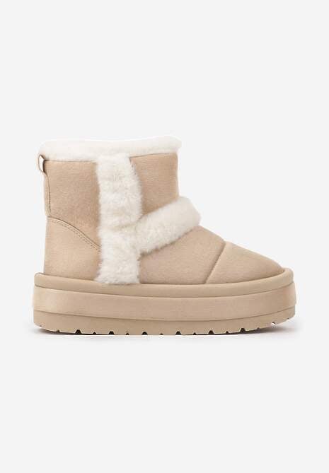 Beżowe Ekozamszowe Śniegowce na Platformie z Futrzanymi Wstawkami Mazini