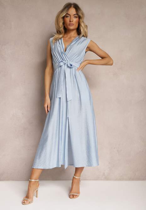 Niebieska Kopertowa Sukienka z Wiskozą Gumką w Pasie i Dodatkowym Materiałowym Paskiem Hepvia