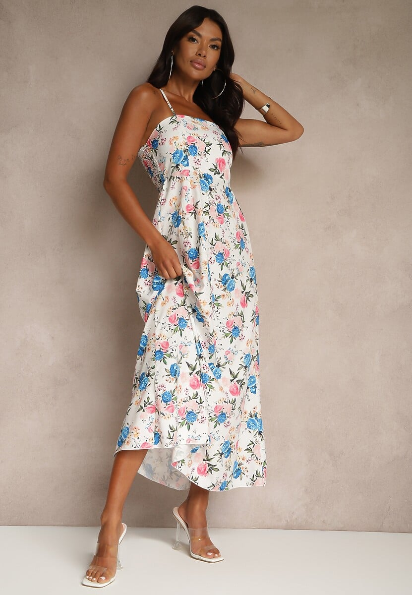 Niebieska Rozkloszowana Sukienka z Wiskozą w Kwiatowy Wzór Nalivie