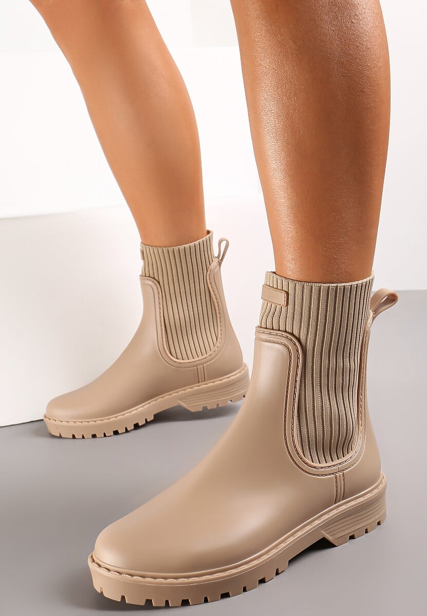 Beżowe Kalosze za Kostkę z Elastyczną Cholewką Vinel