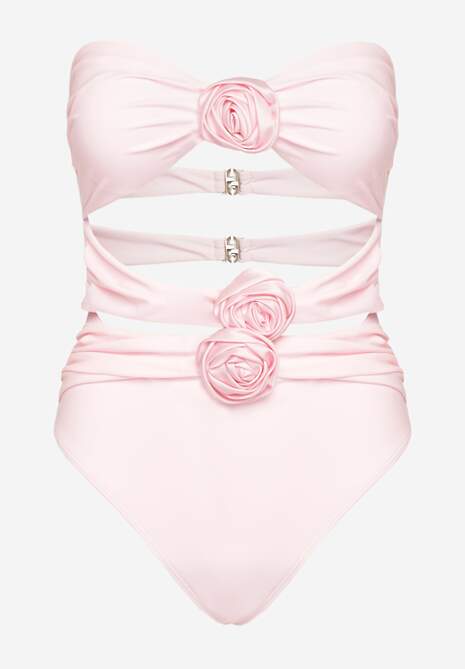 Różowy Strój Kąpielowy Jednoczęściowy Bez Ramiączek z Aplikacją Kwiatu Nansilah