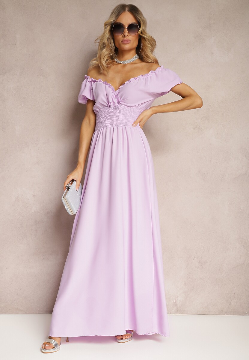 Pomarańczowa Sukienka z Wiskozy z Gumką w Talii i Kopertowym Dekoltem Rhoneri