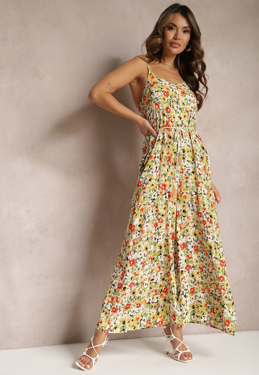 Zielono-Beżowy Kombinezon z Szerokimi Nogawkami w Kwiaty Wiązany na Ozdobny Sznurek Leliavia