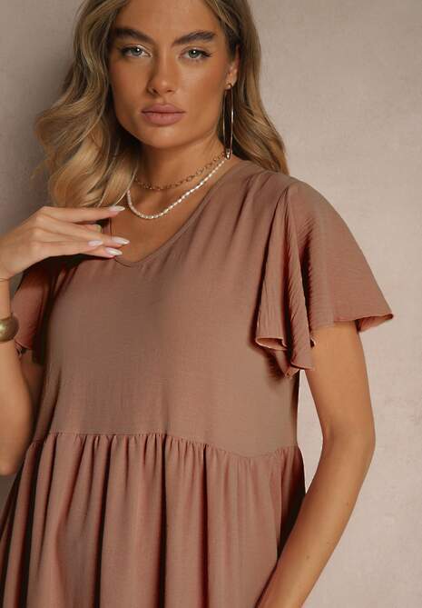 Brązowa Rozkloszowana Sukienka z Wiskozą w Casualowym Stylu Filarenna