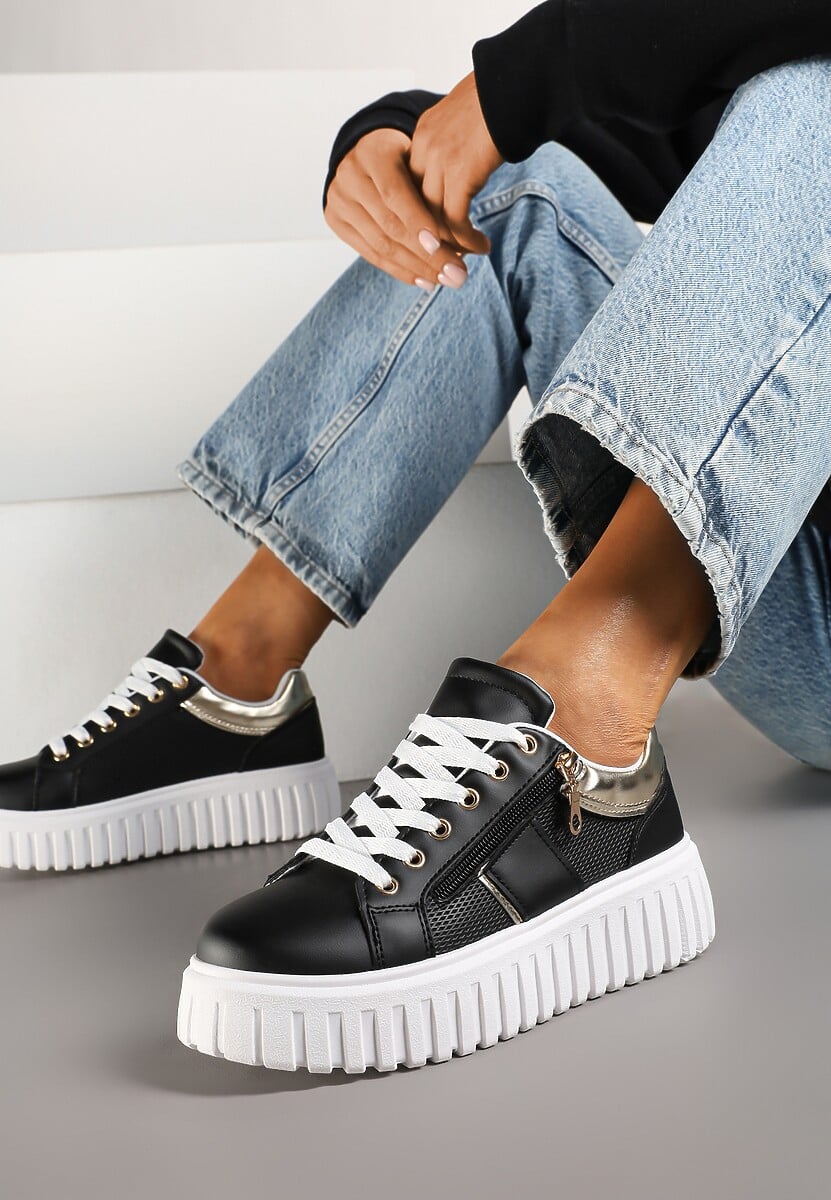 Czarne Sneakersy na Platformie z Ozdobnym Suwakiem Eleadra