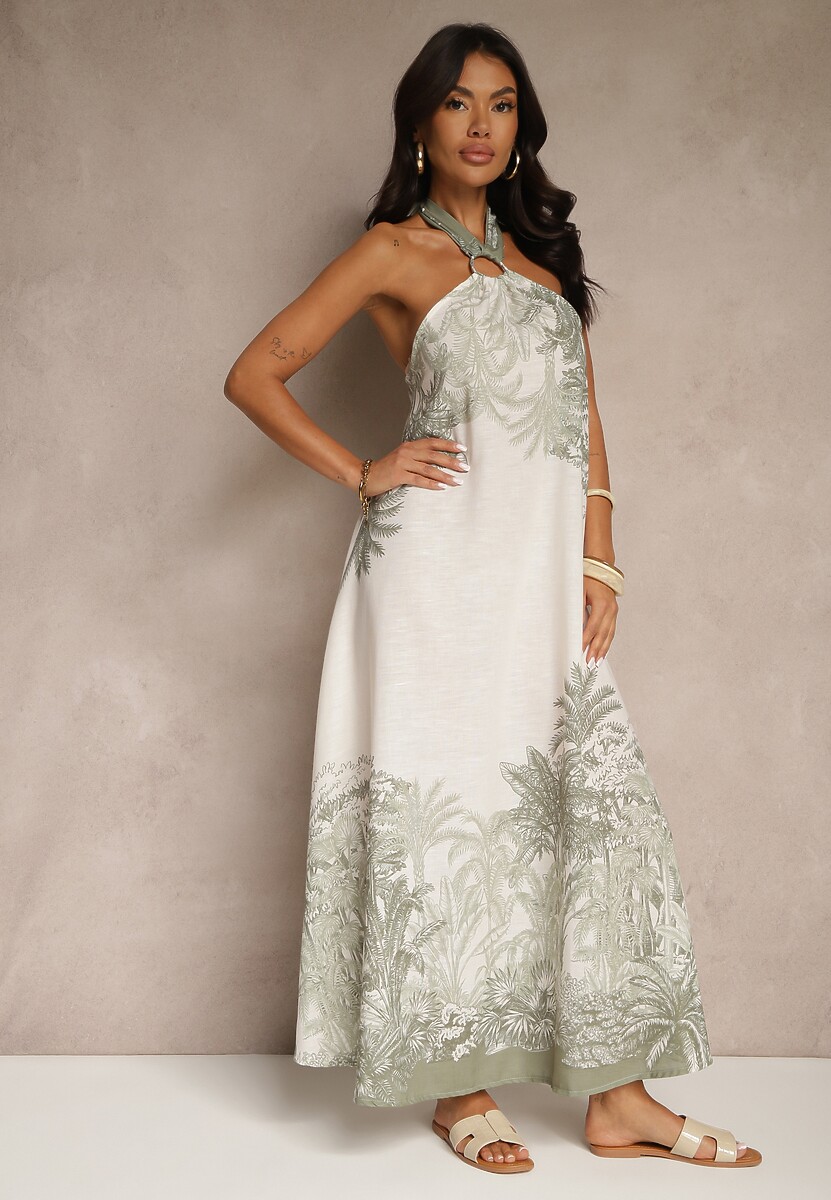Zielona Sukienka z Wiskozą Ozdobiona Wiązaniem i Wzorem Palm Folenella