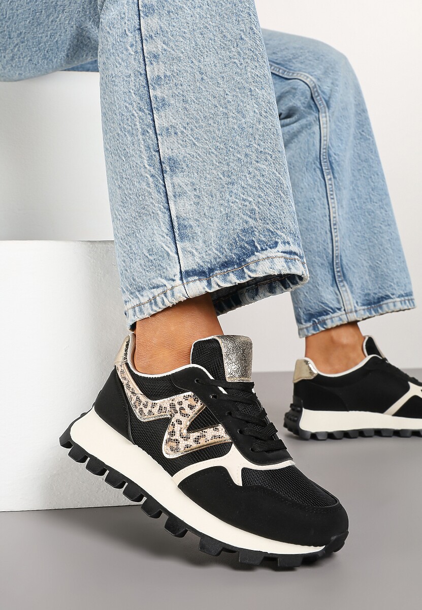 Czarne Sneakersy na Tłoczonej Platformie Zdobione Printem w Cętki Gonalisse