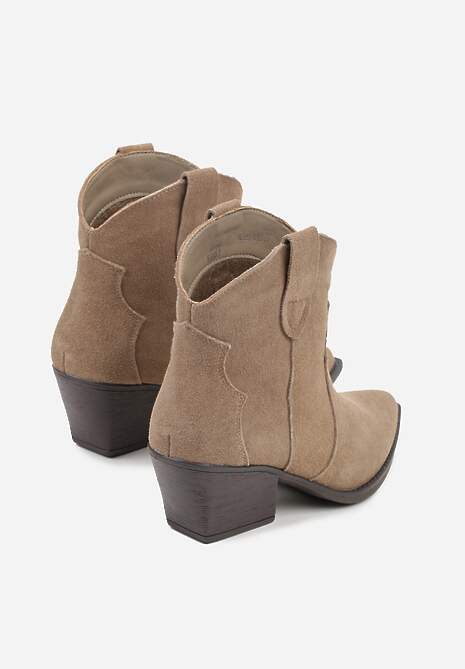 Ciemnobeżowe Botki Kowbojki na Stożku ze Skóry Naturalnej Liravetta