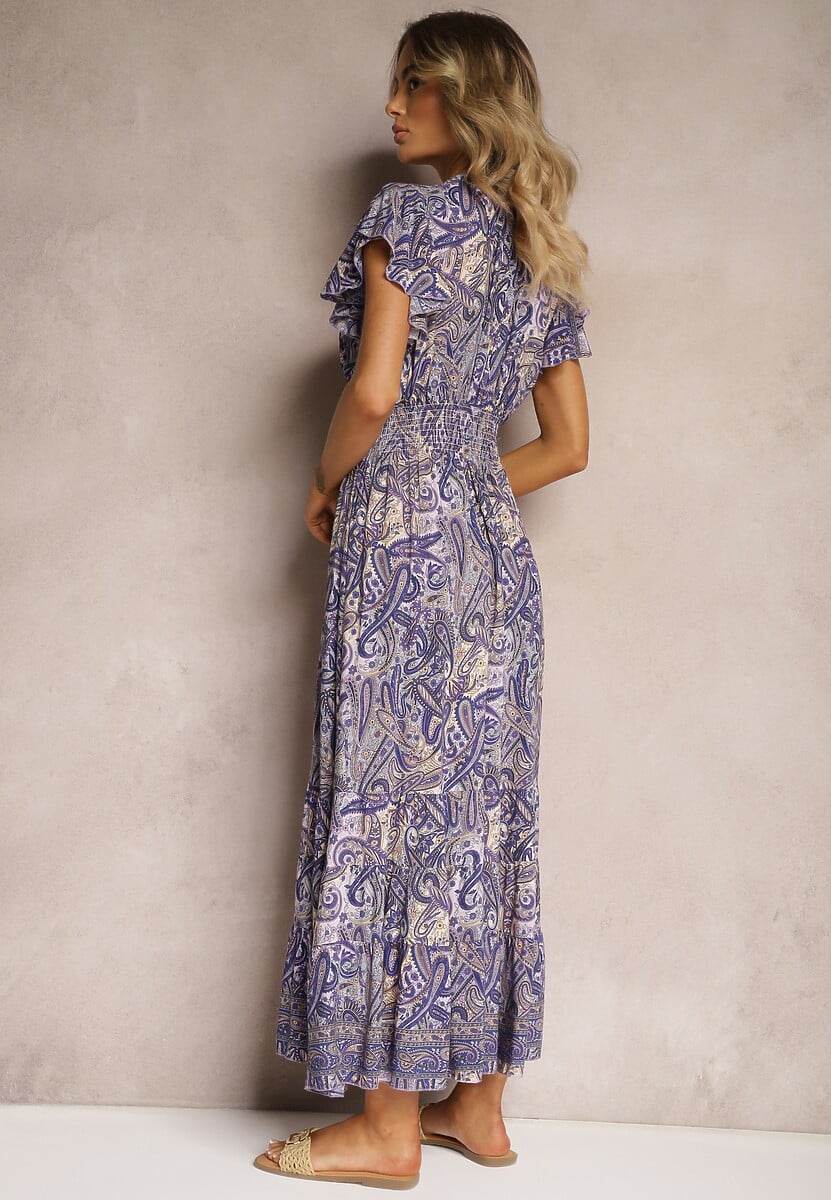 Granatowa Bawełniana Sukienka Paisley z Kopertowym Dekoltem z Falbaną i Gumką w Talii Brionea