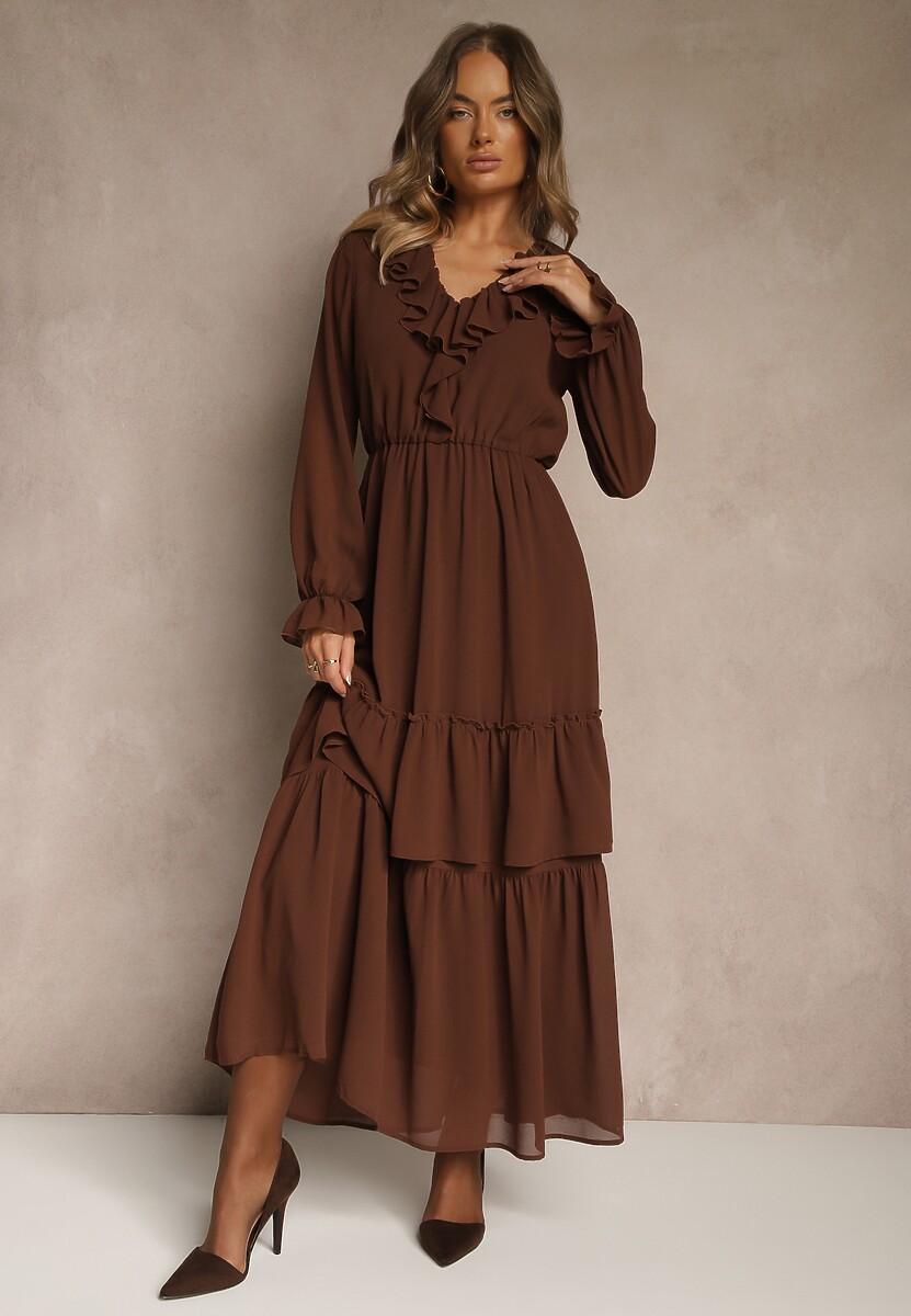 Brązowa Rozkloszowana Sukienka VICES z Falbanami i Transparentnymi Rękawami Aruvite