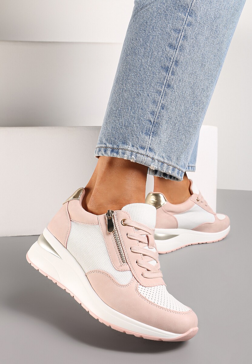 Różowe Sneakersy na Koturnie Ozdobione Krótkim Suwakiem Yurgia