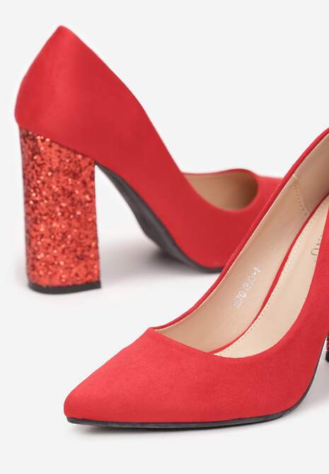 Czerwone Czółenka ze Szpiczastym Noskiem i Brokatowym Słupkiem Tialia