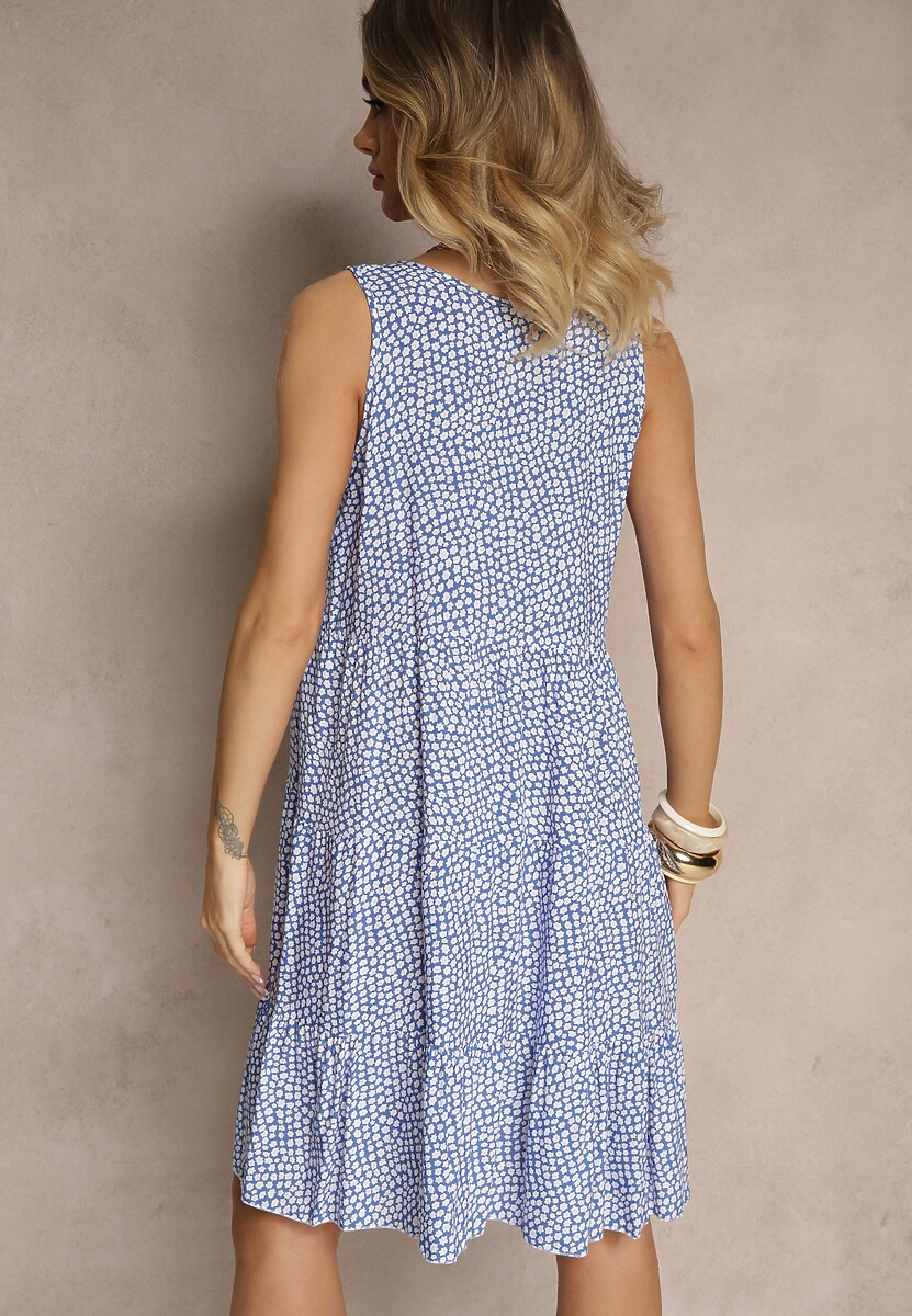 Niebieska Sukienka z Bawełny Ozdobiona Kwiatami i Falbaną Zeloria