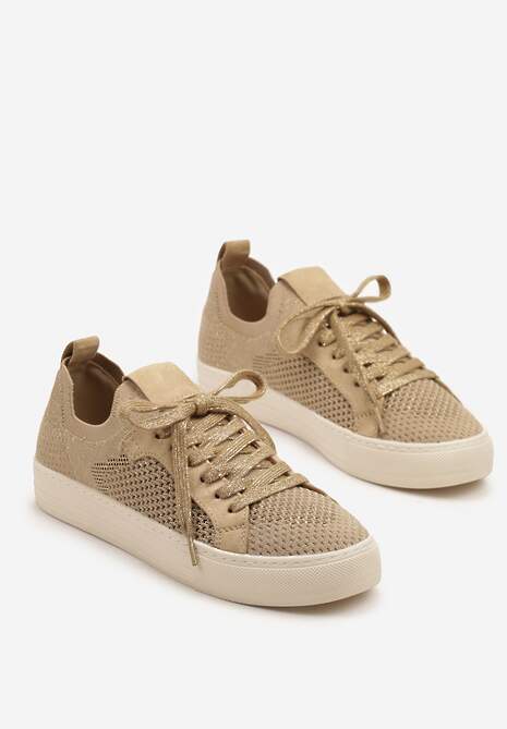 Ciemnobeżowe Sneakersy Ozdobione Siateczką Varlio