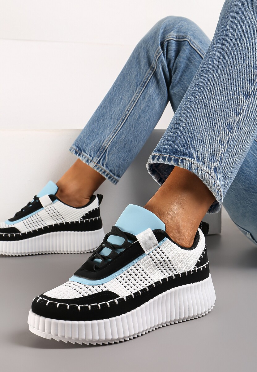 Czarne Sneakersy na Platformie Ozdobione Tweedowymi Wstawkami i Cyrkoniami Eganna