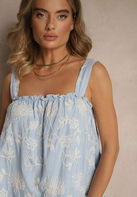Niebieska Kwiatowa Sukienka z Bawełny z Haftami Lilurine