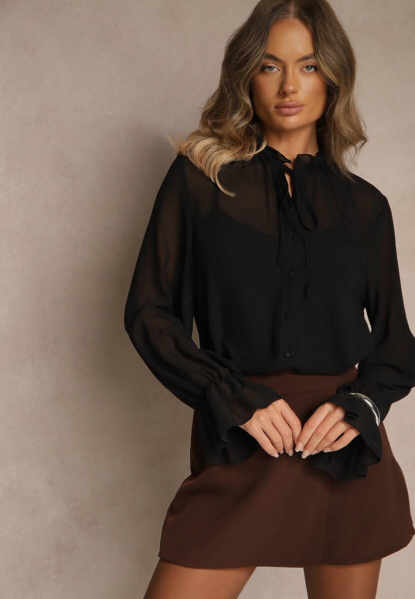 Czarna Siateczkowa Koszula VICES Zdobiona Falbankami i Wiązaniem Zevoria