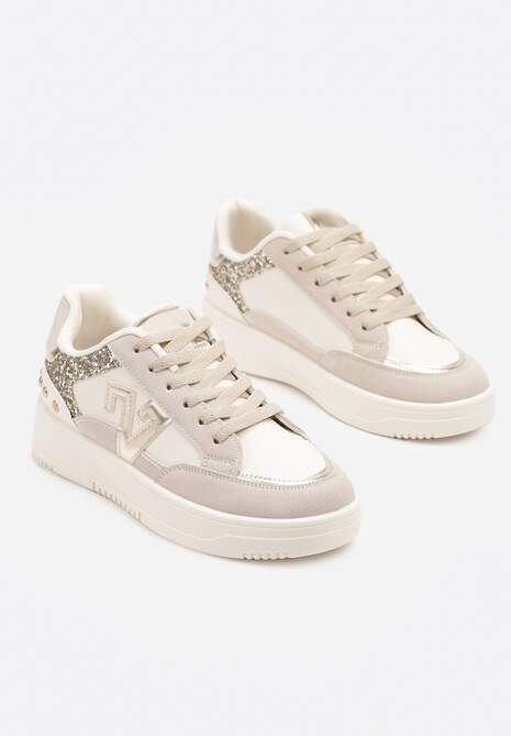 Beżowe Sneakersy Ozdobione Metalicznymi Aplikacjami i Brokatem Pilliossa