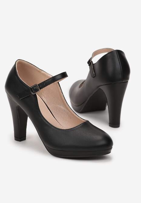 Czarne Czółenka na Słupku z Zapięciem Remsane