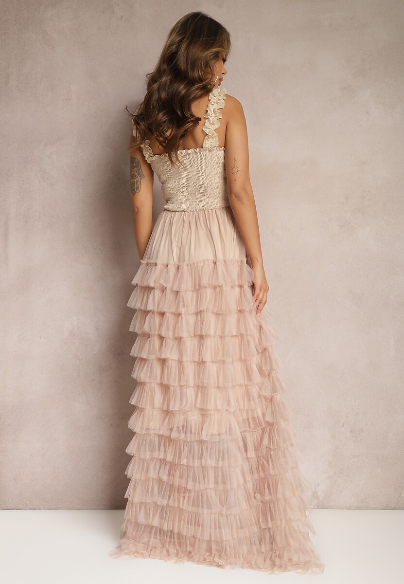 Beżowa Koktajlowa Sukienka Maxi z Tiulowymi Falbankami Amiusa