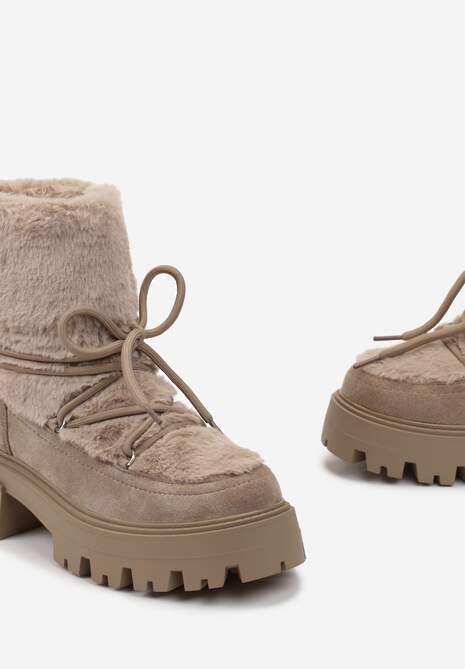 Ciemnobeżowe Botki z Futerkiem na Platformie z Ozdobnym Wiązaniem Cotara