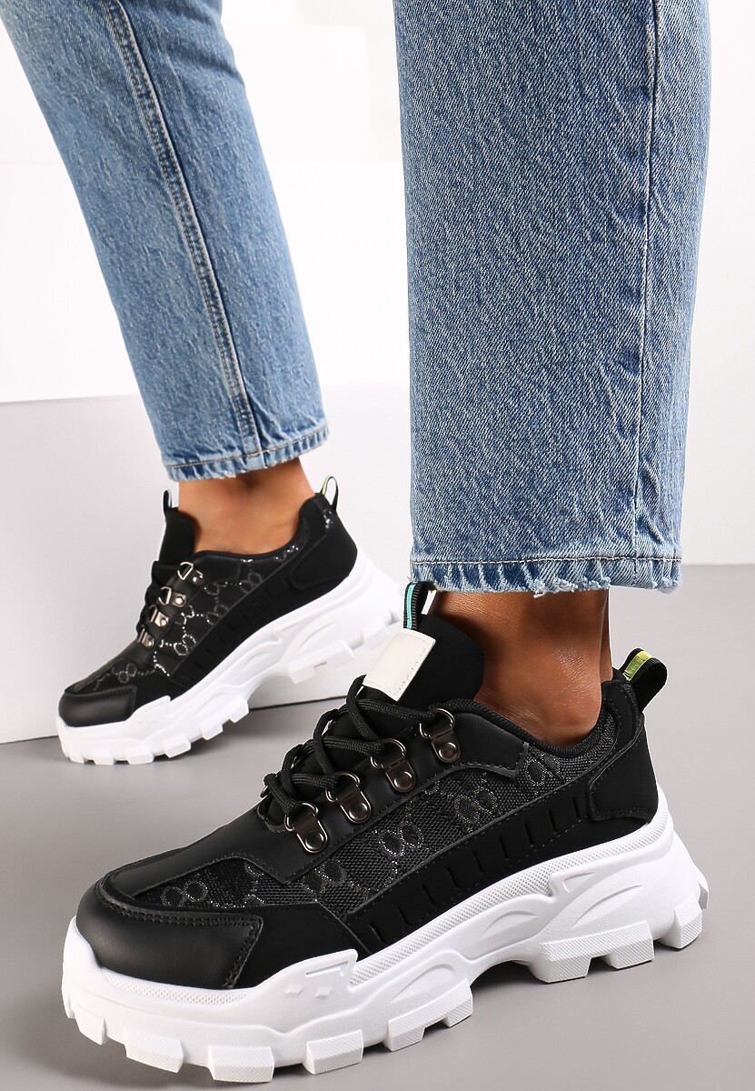 Czarne Sneakersy Sznurowane z Zaokrąglonym Noskiem na Grubej Podeszwie Alaiad