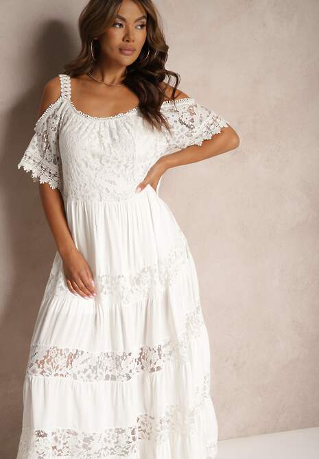 Biała Koronkowa Sukienka z Wiskozą o Rozkloszowanym Kroju na Ramiączkach Leris