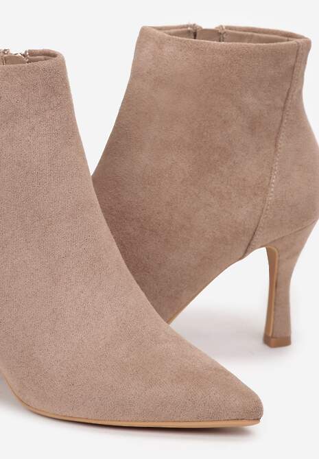 Ciemnobeżowe Botki z Zamkiem Błyskawicznym na Niewysokiej Szpilce z Imitacji Zamszu Ruriana