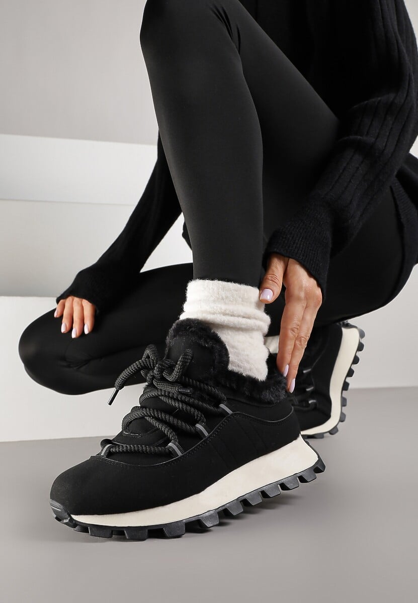Czarne Sneakersy Typu Śniegowce na Tłoczonej Platformie Sierrna