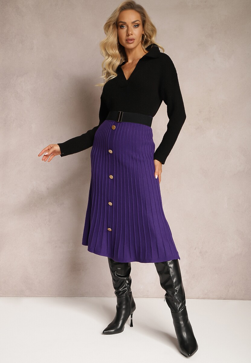 Fioletowa Rozkloszowana Spódnica Midi z Szerokimi Prążkami i Ozdobnymi Guzikami Sussurro