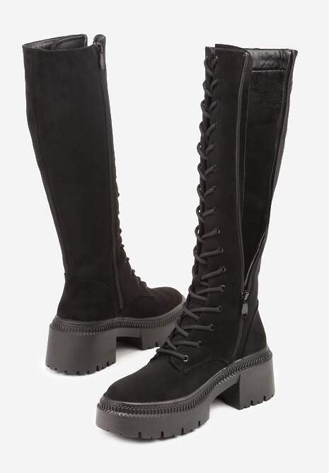 Czarne Kozaki Vices z Imitacji Zamszu w Stylu Grunge ze Sznurowaną Cholewką i Platformą Laurotte