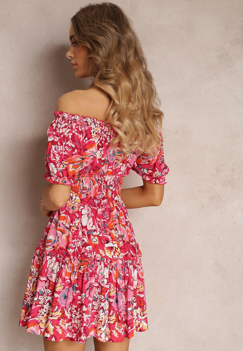 Fuksjowa Rozkloszowana Sukienka Mini z Gumkami w Pasie i Krótkimi Rękawami z Wiskozy Merrelle